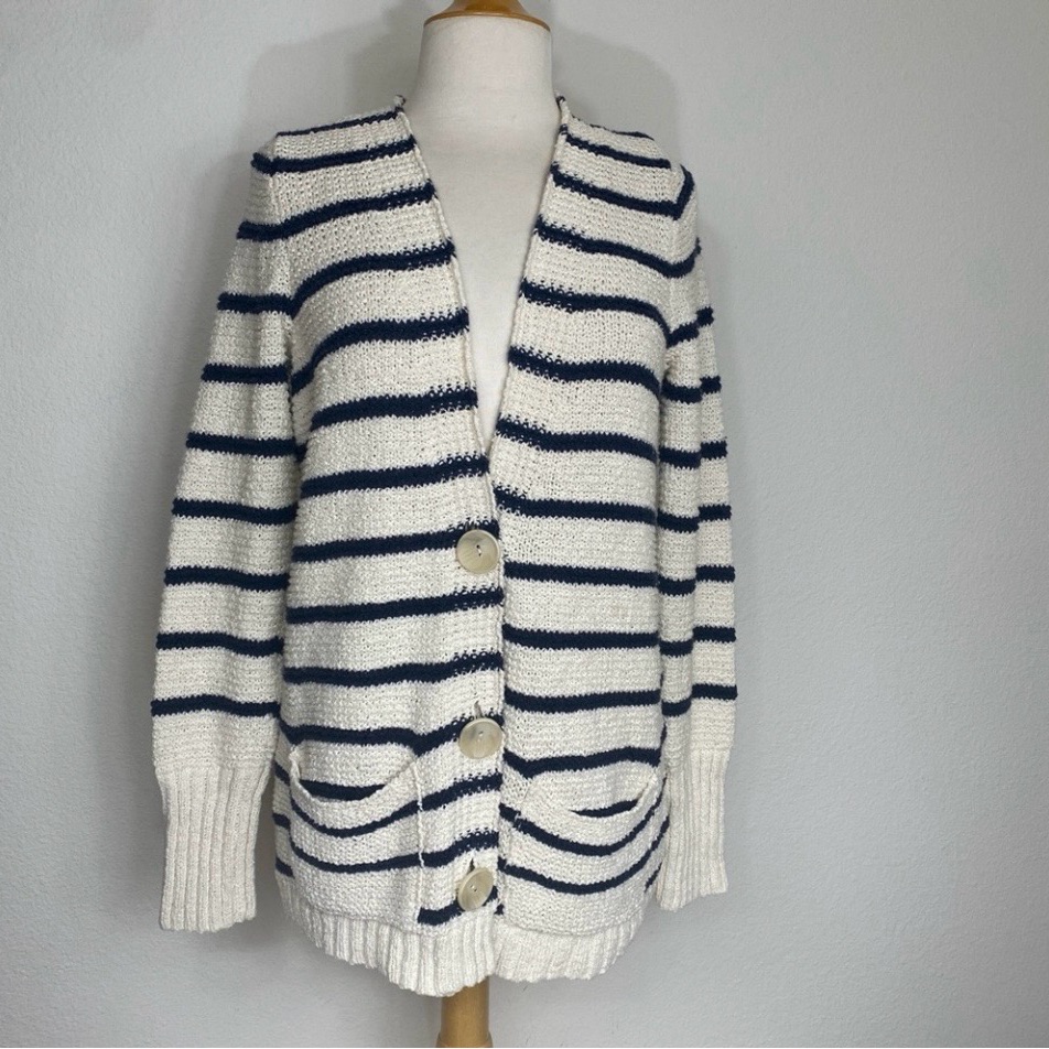 Free People Womens Cream Navy Stripe Cotton Thick Knit Cardigan Size Large Boho